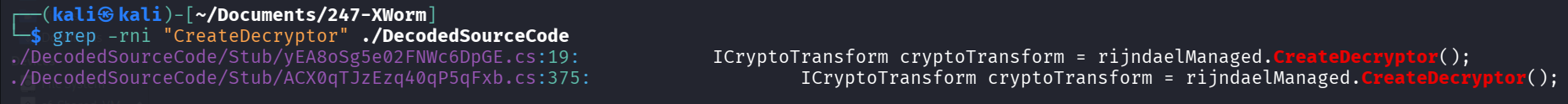 Terminal grep output showing two matches for CreateDecryptor in the decompiled C# source, both using rijndaelManaged.CreateDecryptor() calls.